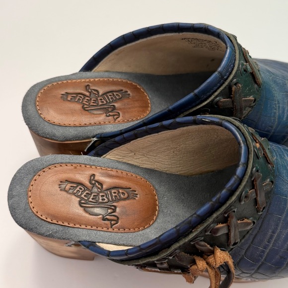 Freebird Woodstock Blue Croc Embossed Leather Wood Platform Clogs 7 Festival - Picture 3 of 10